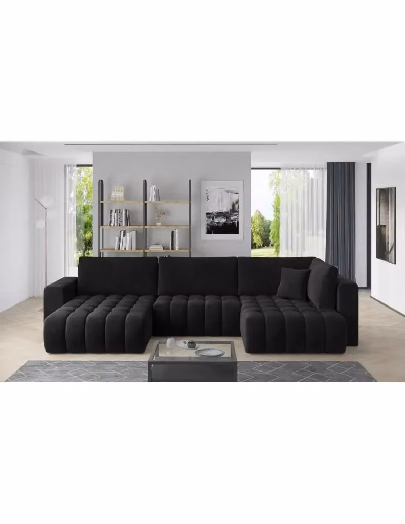 Divano ad angolo convertibile BONITA MEUBLORAMA nero effetto velluto, 6 posti, con funzione letto e poggiatesta regolabile, lato sinistro, L/P: 350 x 175 cm – 2