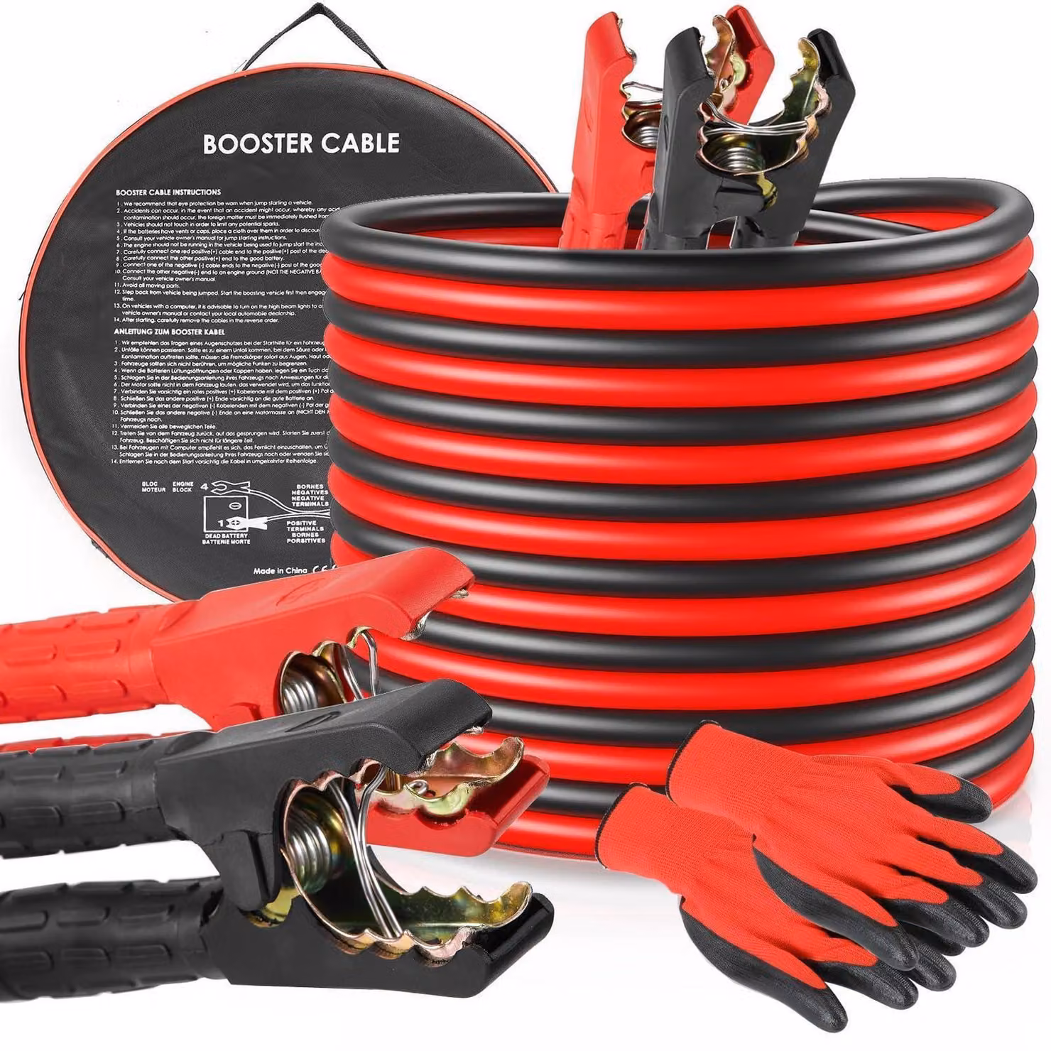 Cavi di avviamento 12V/24V, lunghezza 4 metri, sezione 30mm², corrente massima 1000A, per batterie auto, con morsetti a coccodrillo e custodia
