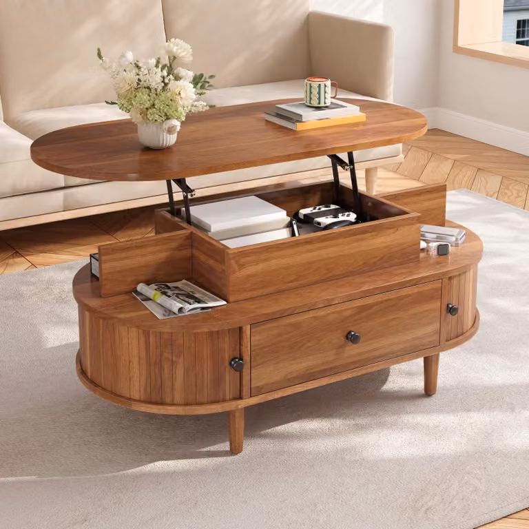 Tavolino ovale okwish con piano sollevabile idraulico, 2 ante scorrevoli, tavolino con ampio cassetto, spazio contenitivo nascosto, noce