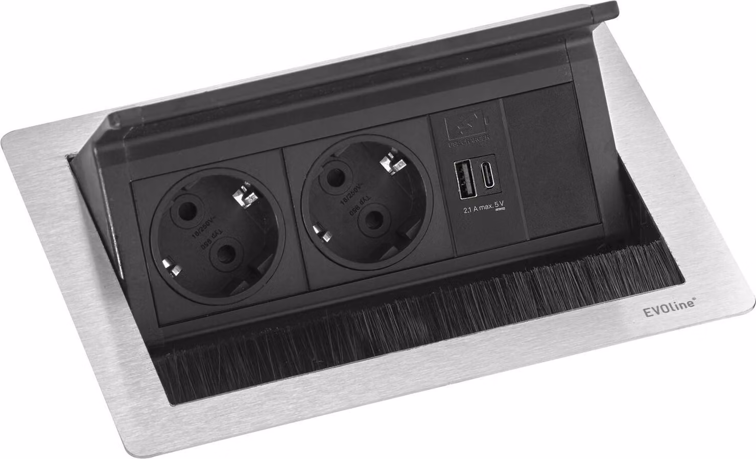 Evoline Flip Top Push S presa da incasso 2 volte con caricatore USB A e USB C, 230V - 3500W, acciaio inox