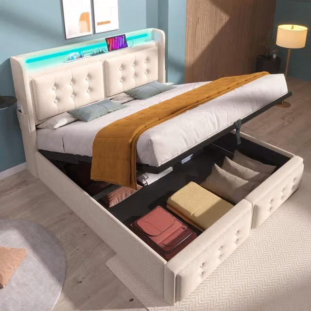 Letto REDOM moderno con testiera LED, prese USB e contenitore contenitore, colore beige, L/P/H: 140 x 200 x 109 cm – 1