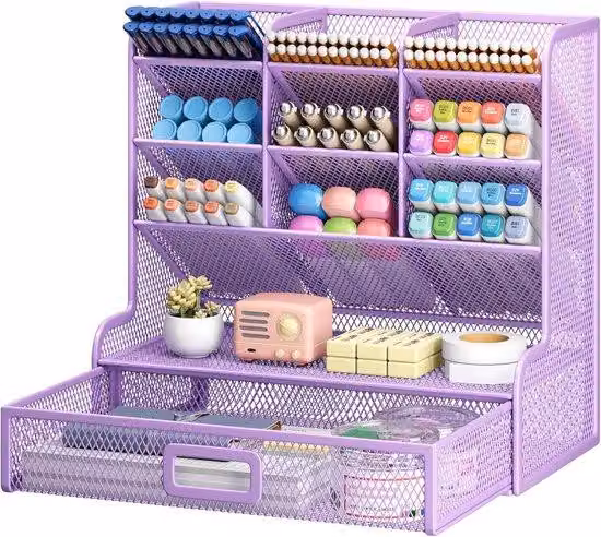 Organizzatore da scrivania - Portapenne metallico a 9 scomparti con cassetto - Disponibile in due colori - Confezione singola