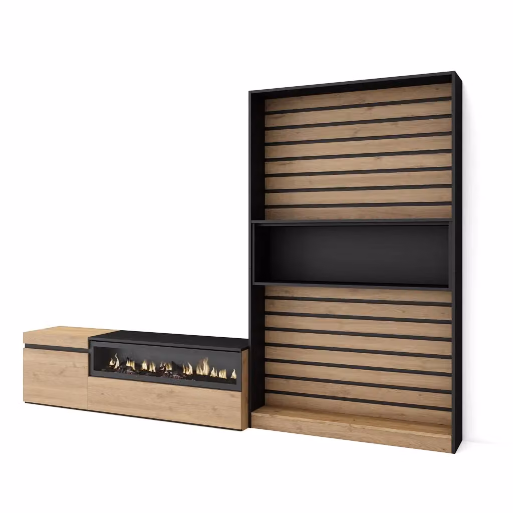 Mobile TV da soggiorno SKRAUT HOME con camino elettrico per TV fino a 65 pollici, colore Rovere e nero, L: 260 cm, P: 35 cm, H: 186 cm – 2