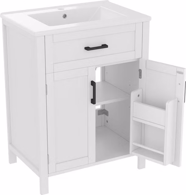 Armadio da bagno indipendente con lavabo, scaffali a doppia anta, cassetti pratici, scaffali regolabili, 60x46x84,8 cm, Bianco