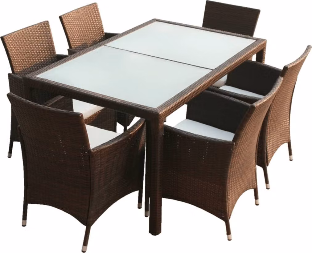 Set da Pranzo da Giardino 7 pz con Cuscini Polyrattan Marrone