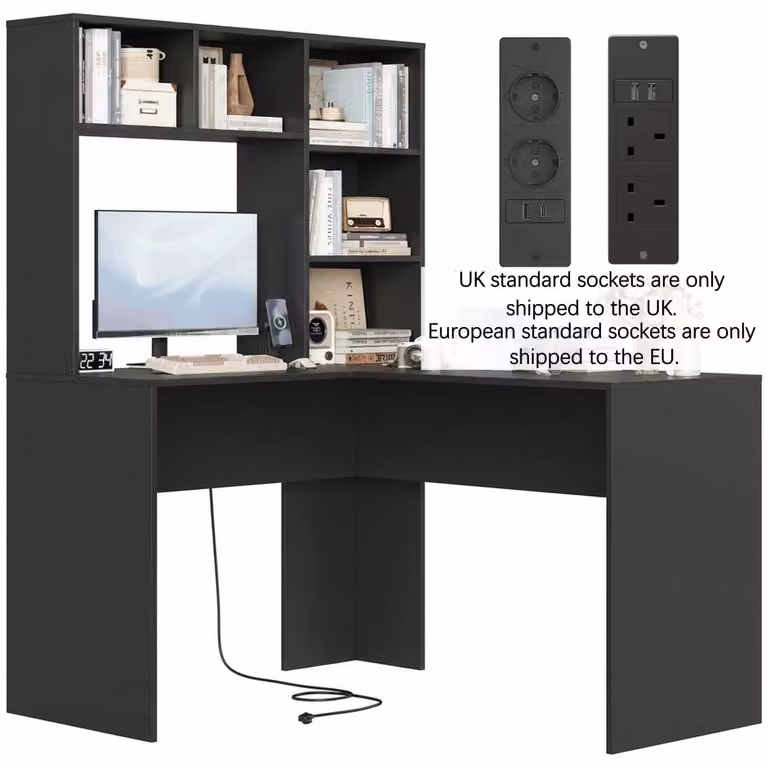 Scrivania angolare - Scrivania per computer a L - Ufficio e home office - Con ripiani portaoggetti - Legno - 124,7 x 107,8 x 152,5 cm - Nero