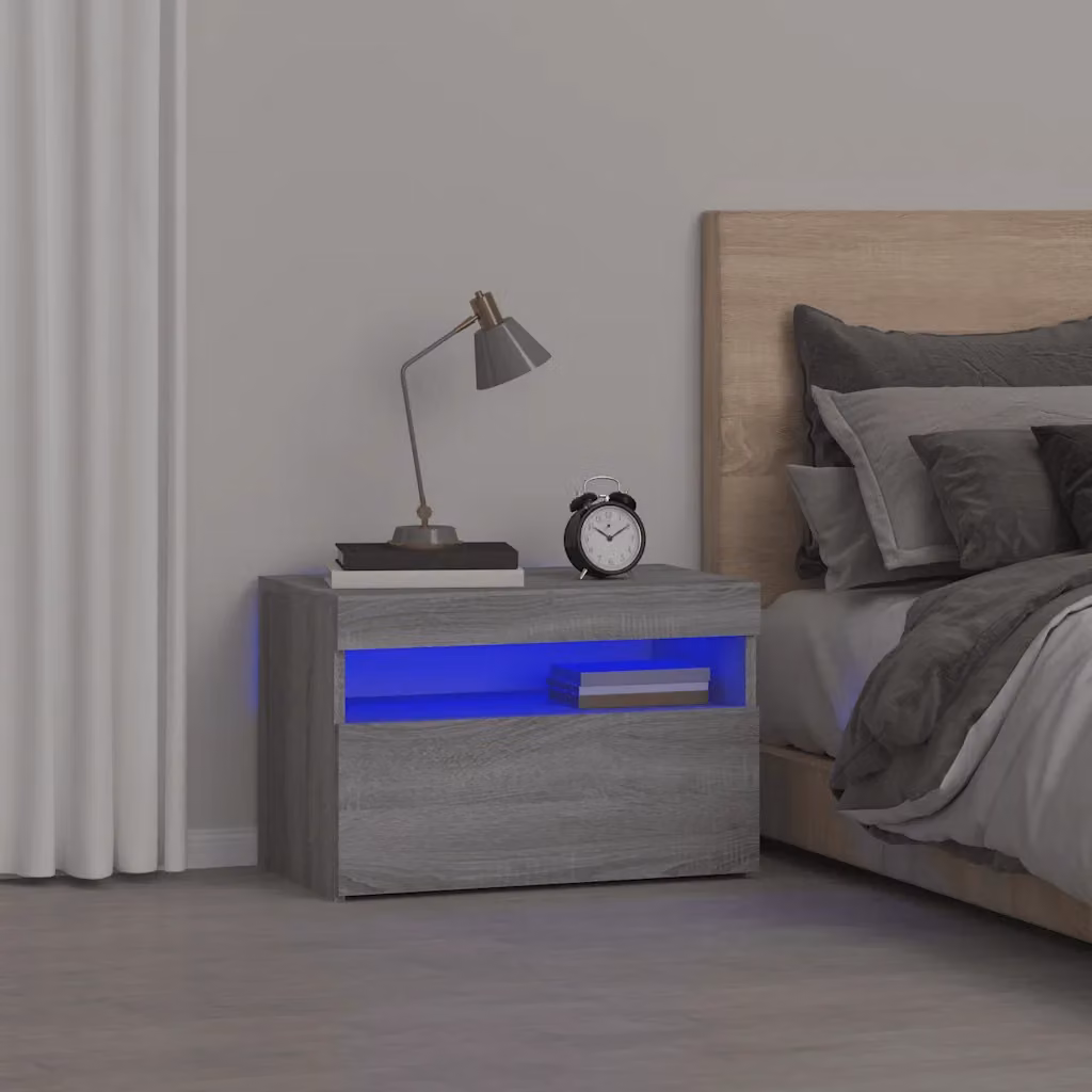 Comodino moderno vidaXL con luci LED in legno Grigio Sonoma L: 60 cm, P: 35 cm, H: 40 cm