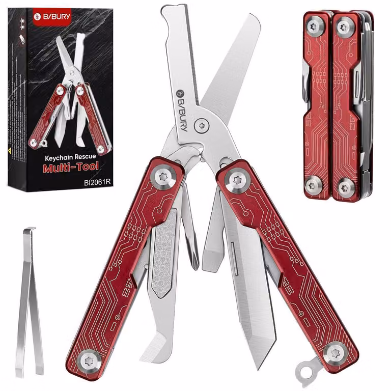 Multitool con forbici pieghevoli, 9 utensili, colore rosso, acciaio inossidabile, dimensioni 7,9 cm, pieghevole