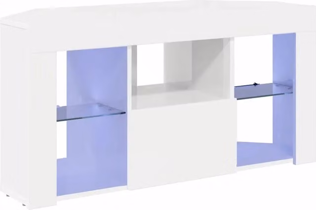 Mobile TV angolare moderno bianco ad alto lucido con illuminazione LED e scomparti multimediali L: 100 cm, P: 40 cm, H: 50 cm
