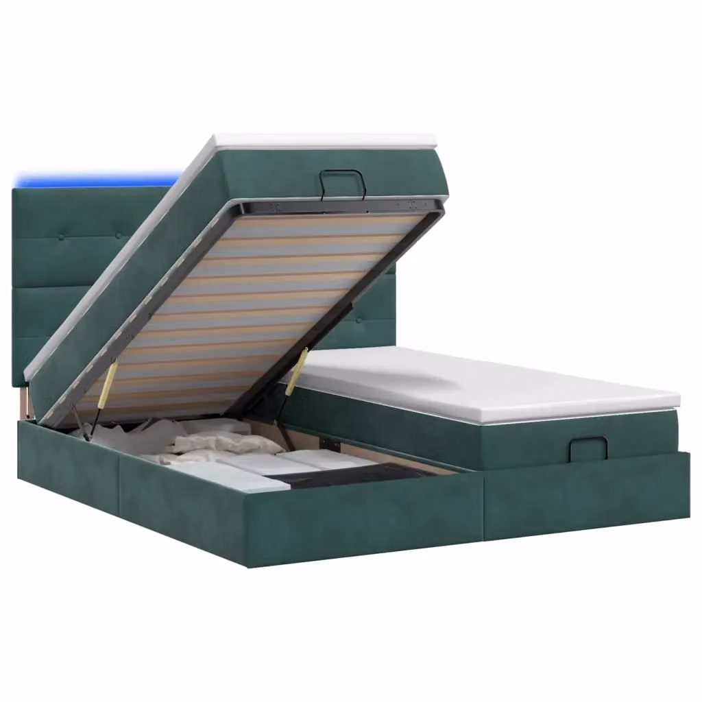 Letto Ottomano Moderno vidaXL in Velluto Verde con Materasso Ibrido e Illuminazione LED Sotto il Letto L: 160 cm, P: 200 cm, H: 88 cm – 2