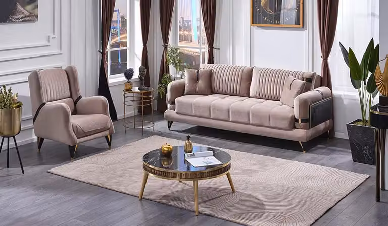 Couchgarnitur Sofa Set 3+1 Sitzer Modern Wohnzimmer Beiige Polstermöbel