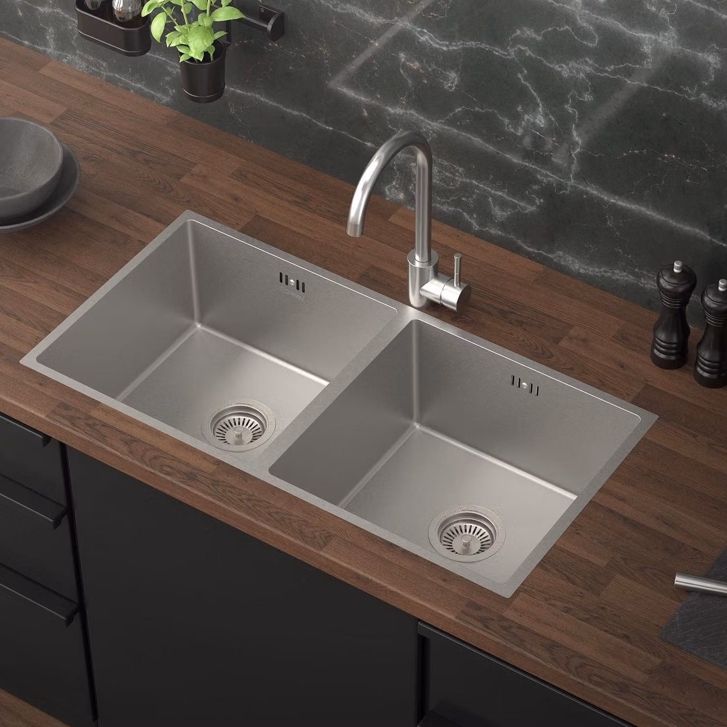 ML-Design lavello doppio con scarico e troppopieno, argento, acciaio inossidabile