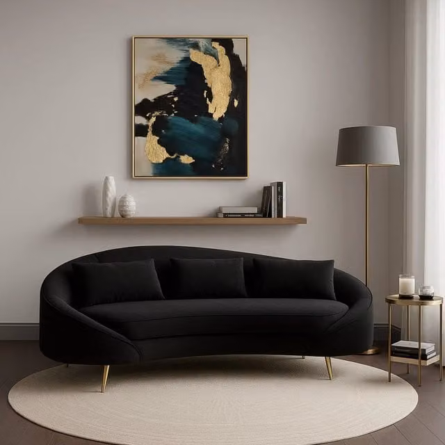 Divano a 3 posti Verte DMORA con contenitore, modello moderno e dritto in tessuto, Nero e Oro, L: 185 cm, P: 84 cm, H: 68 cm – 1
