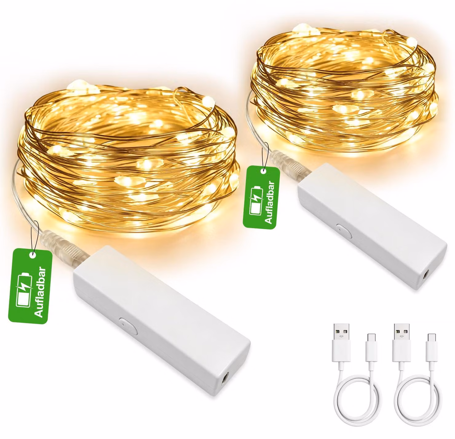 Catena luminosa a LED, 5 metri, 50 LED bianco caldo, connettore USB-C, timer, confezione da 2 pezzi