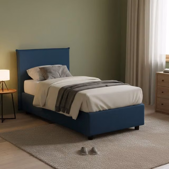 Letto singolo contenitore Aquilla Talamo Italia con materasso incluso, rivestimento in tessuto blu, apertura frontale, dimensioni materasso: 80 x 190 cm