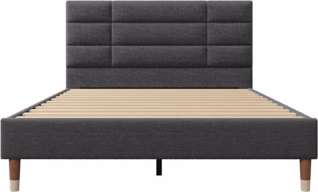 Letto matrimoniale imbottito 140x200 cm con contenitore e rete, struttura in lino grigio con testiera alta