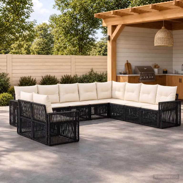 Maison Exclusive - Set da giardino composto da 10 pezzi. Divano da giardino in rattan sintetico, colore nero e crema