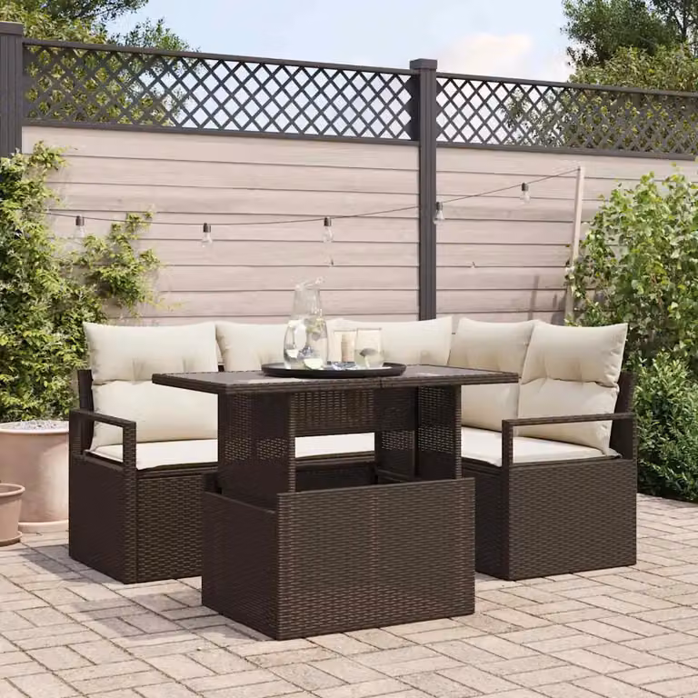 Set Divano da Giardino vidaXL 5 Pezzi a Forma di L con Cuscini Marrone e Beige in Rattan e Acciaio