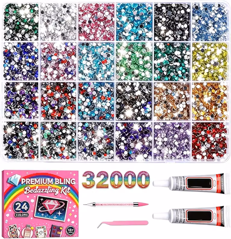Set di strass, 32.000 pezzi, diametro 3 mm, resina con retro piatto, inclusi colla e strumenti, per