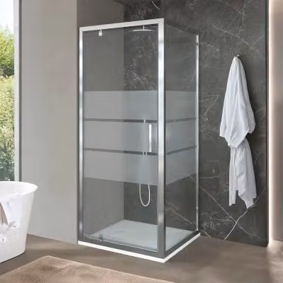 Box doccia angolare INBAGNO con porta battente in cristallo serigrafato e profili argento, L: 90 cm, P: 70 cm, H: 200 cm – 2