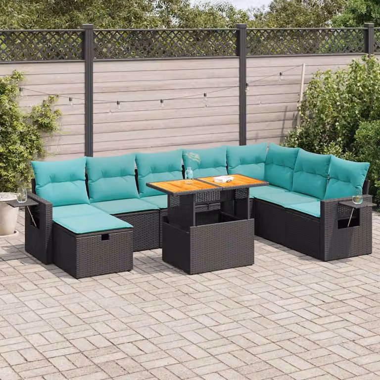 Set di divani da giardino vidaXL 9 pz in polyrattan con cuscini e tavolino, colore nero e blu turchese, design moderno a forma di U per terrazzo o balcone