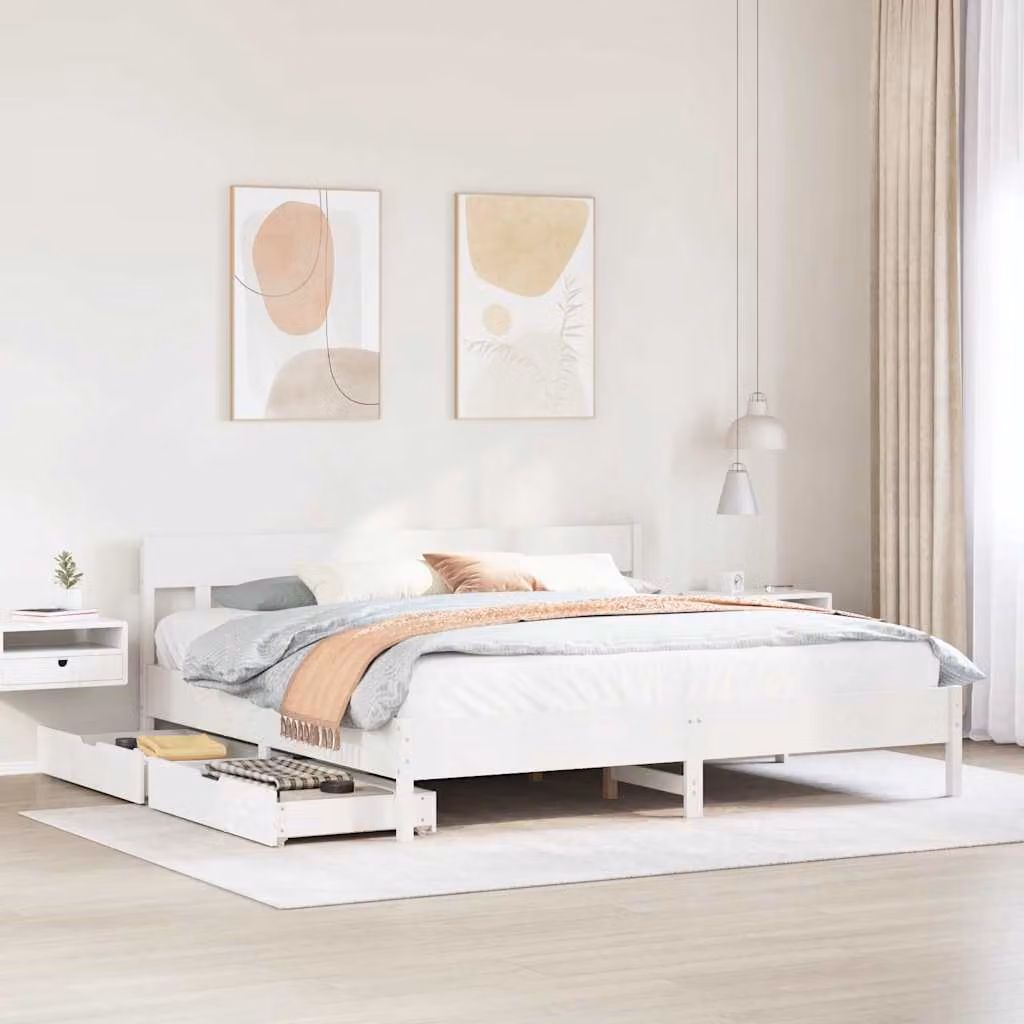 vidaXL Letto in Legno Massello di Pino Bianco con Cassetti L/P/H: 180 x 200 x 100 cm