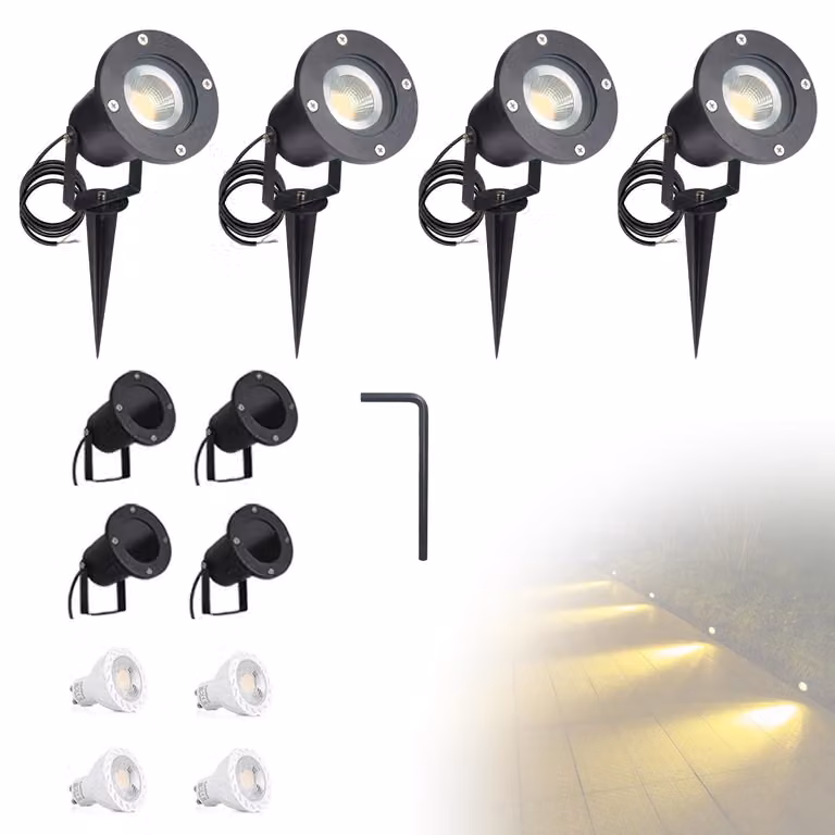 Set di 4 faretti LED GU10 da esterno, 5W, luce bianco caldo, con picchetto da terra