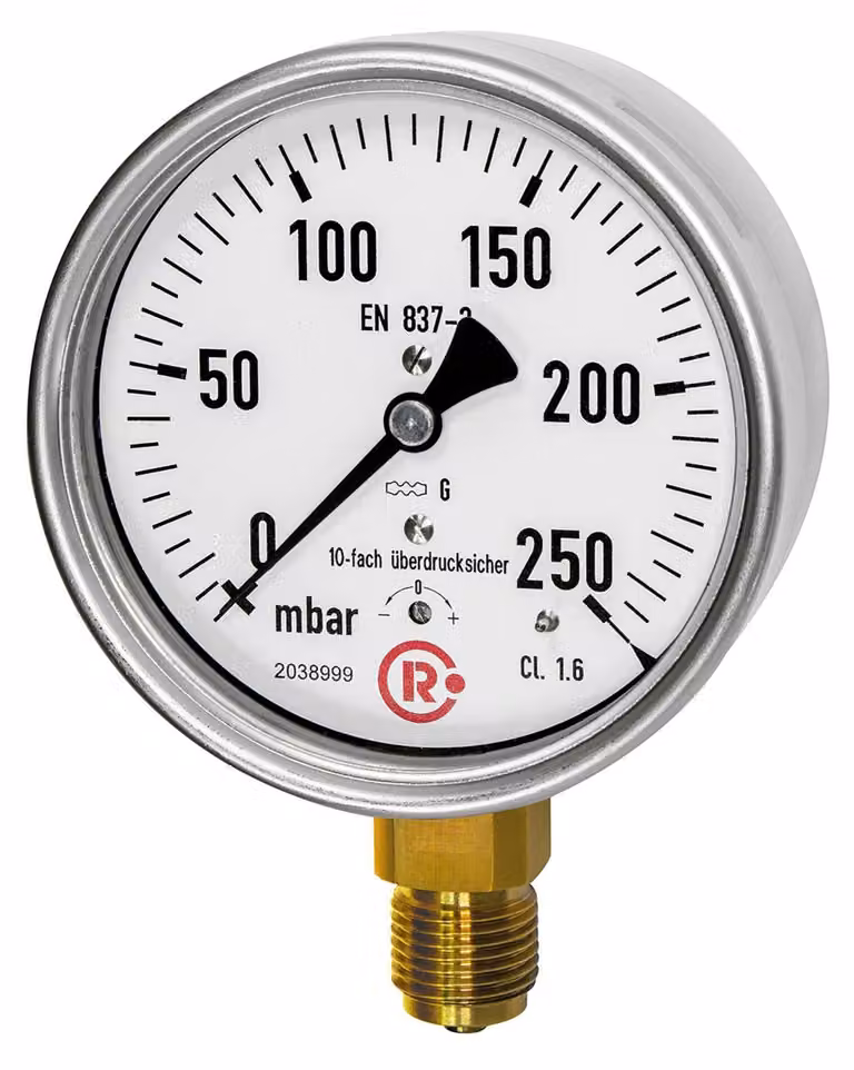 Manometro a capsula Riegler, acciaio inox, G1/4 fondo radiale, 0-40 mbar,Ã˜63