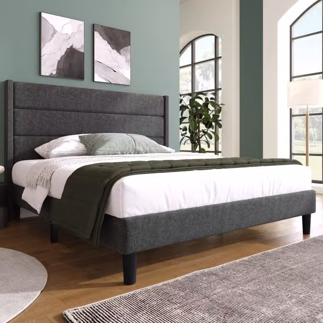 Letto Matrimoniale Imbottito Minimal con Testiera e Rete a Doghe in Tessuto Grigio Scuro L/P/H: 140 x 200 cm – 1