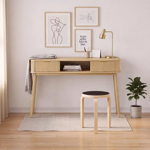 Scrivania Minimal con cassetti e ripiano in Rovere multistrato, L/P/H: 90 x 50 x 75 cm