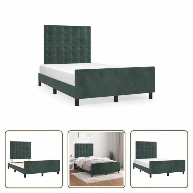The Living Store Struttura letto con testiera in velluto verde scuro 120x190 cm