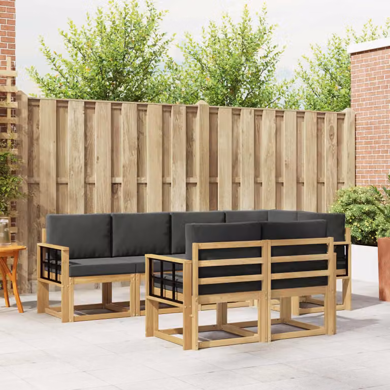 vidaXL Set di divani da esterno a L composto da 7 pezzi in legno di acacia con cuscini bianchi e antracite