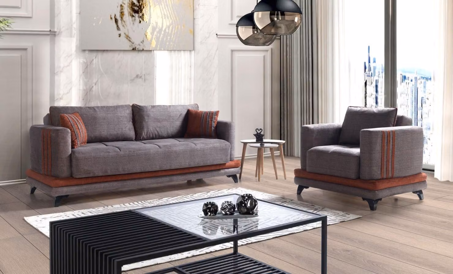 Sofagarnitur 3+1 Sitzer Textil Holz Sofa 3 Sitzer Modern Sessel Komplett Set