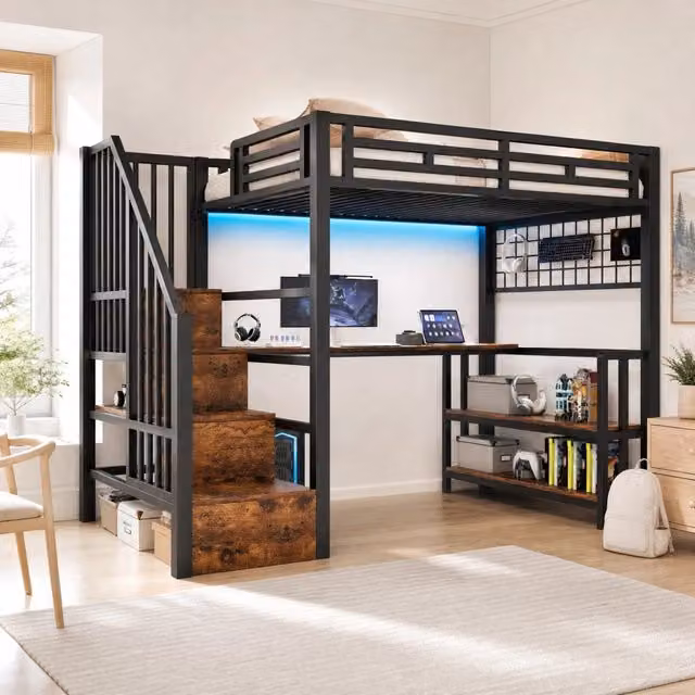 Desviae Letto a soppalco 90 × 200 cm con scrivania scala con contenitore ripiano LED 2 porte USB e porta USB-C nero