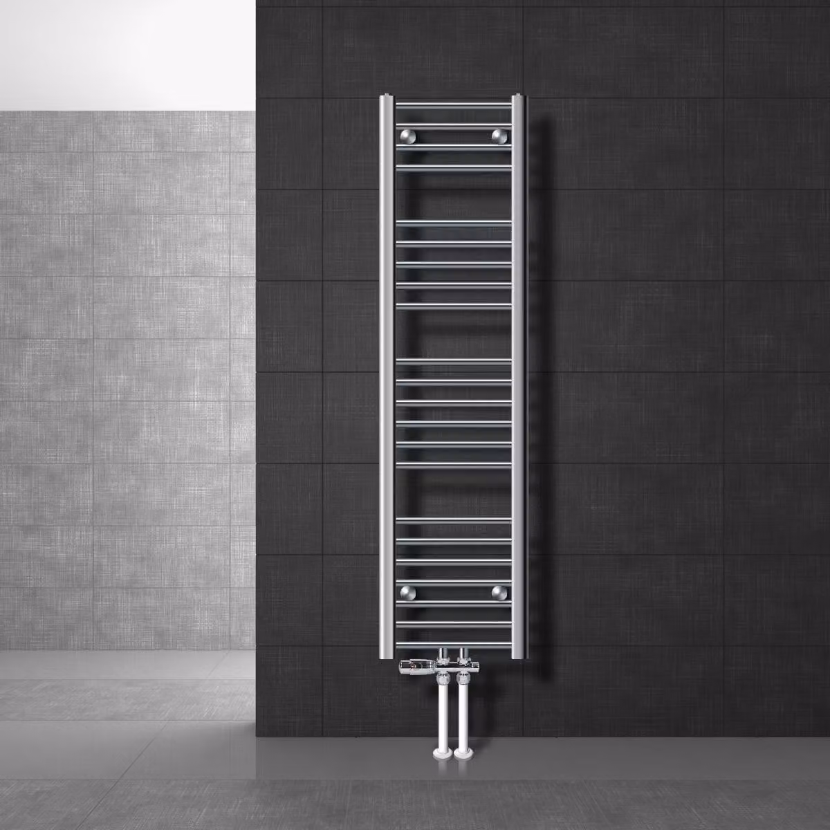 LuxeBath Radiatore da bagno attacco centrale 300 x 1400 mm cromato diritto con termostato e set di collegamento Radiatore da pavimento cromato Passage, senza elemento riscaldante