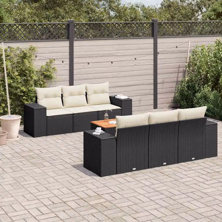 Set di divani da giardino a forma di L vidaXL in polyrattan nero con 7 pezzi e cuscini inclusi