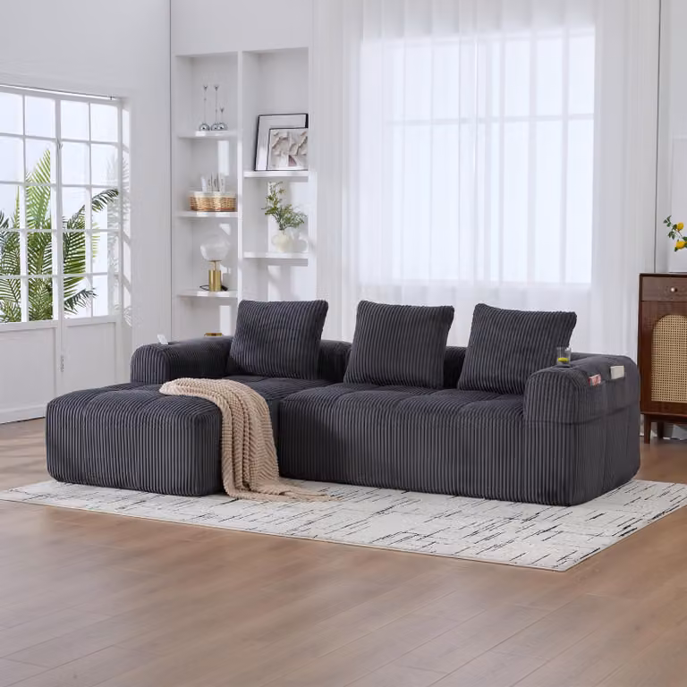 LVHOM Divano componibile con funzione letto, divano angolare con rivestimento in velluto a coste, 3 posti con portabicchieri, divano letto senza montaggio, divano lounge con tasca laterale, grigio