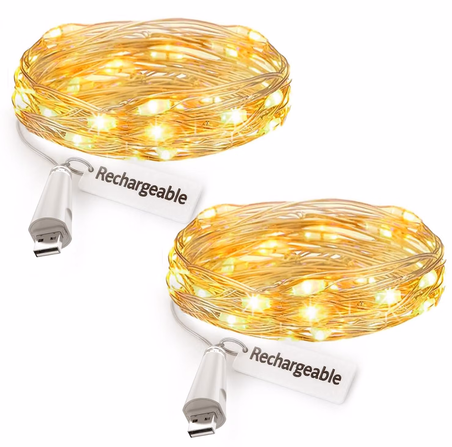 Catena luminosa da 2 metri, 20 LED, ricaricabile tramite USB, luce bianca calda, confezione da 4