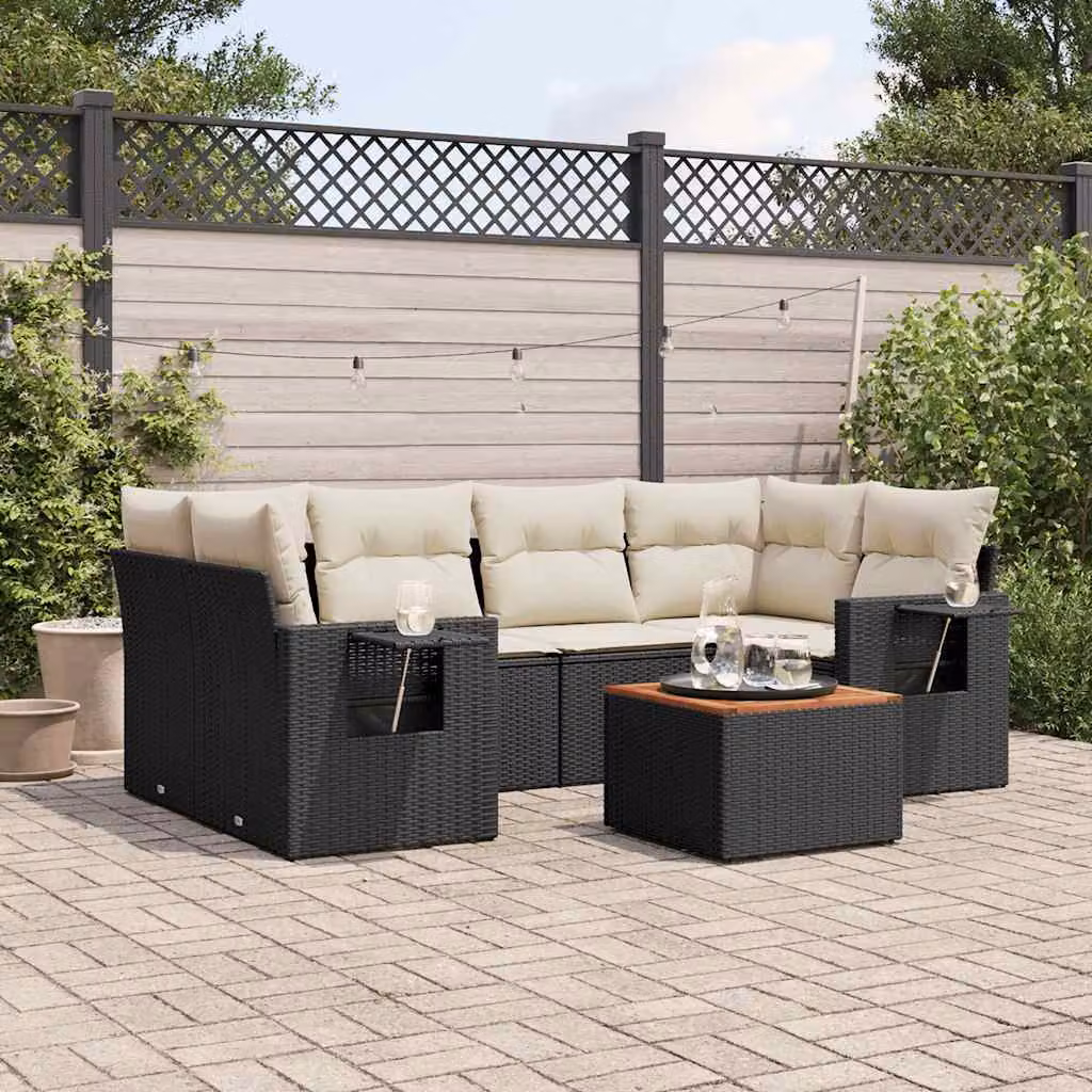 vidaXL Set Divani da Giardino a L con Cuscini 7pz in Polyrattan Nero e Legno di Acacia – 1