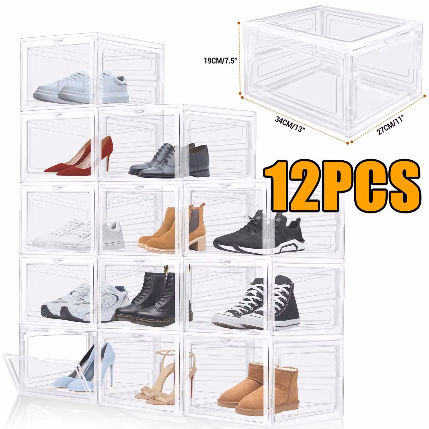 Contenitore per scarpe - Set di 12 scatole per scarpe - Impilabili - Plastica trasparente resistente - Contenitore organizzativo - Multiuso
