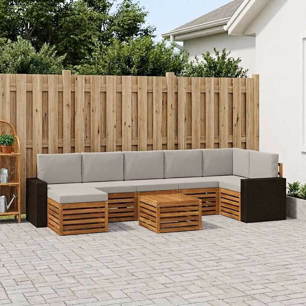 vidaXL Set di divani da esterno a L composto da 8 pezzi in legno di acacia con cuscini, colore naturale e grigio chiaro
