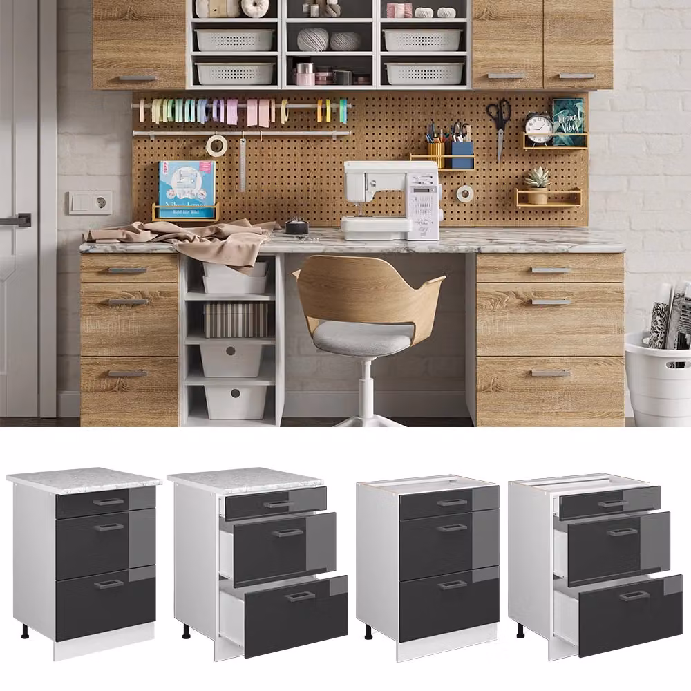 Base universale R-Line Vicco Antracite lucido con cassetti, senza piano di lavoro, L: 60 cm – 2
