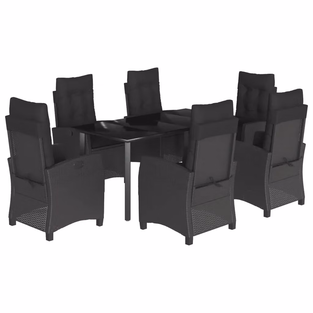 Set da pranzo da giardino vidaXL in polyrattan nero con cuscini e tavolo in vetro, 7 pezzi – 2