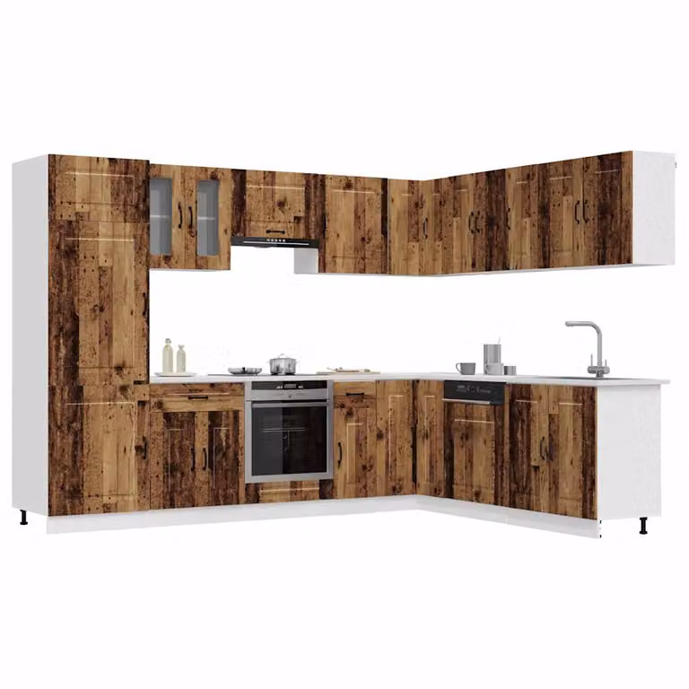 Set di mobili da cucina vidaXL Kalmar composto da 14 pezzi in stile rustico color marrone con finitura opaca e dettagli in legno e vetro