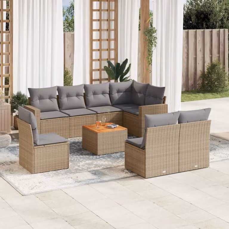 vidaXL Set Divano da Giardino 9 pz a L in Polyrattan con Cuscini Beige e Grigio