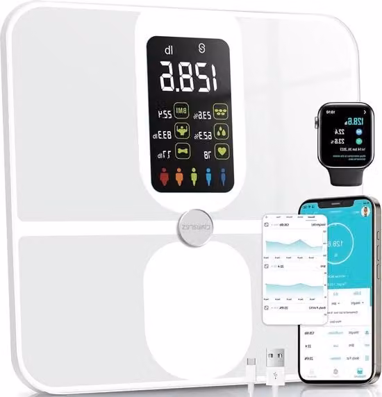 Pesi elettronici con grande schermo VA - bilancino digitale da bagno caricabile via USB - analizzatore della composizione corporea - indice di massa corporea e battiti del cuore 180kg bianco
