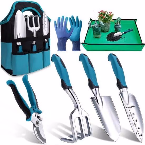 Set di attrezzi da giardinaggio, 7 pezzi, in acciaio inossidabile, con impugnatura ergonomica antiscivolo, regali ideali per gli appassionati di giardinaggio
