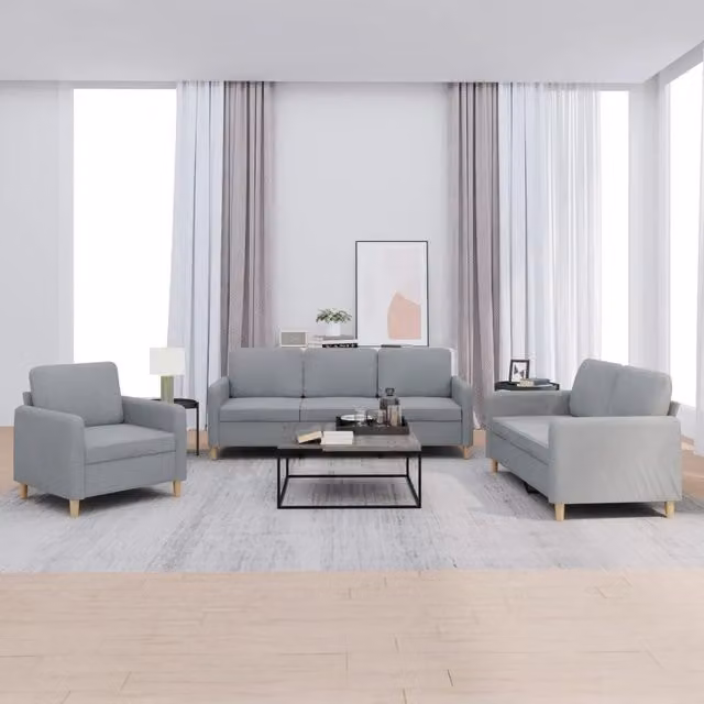 Set di divani 3 pezzi vidaXL in tessuto grigio con cuscini per soggiorno moderno