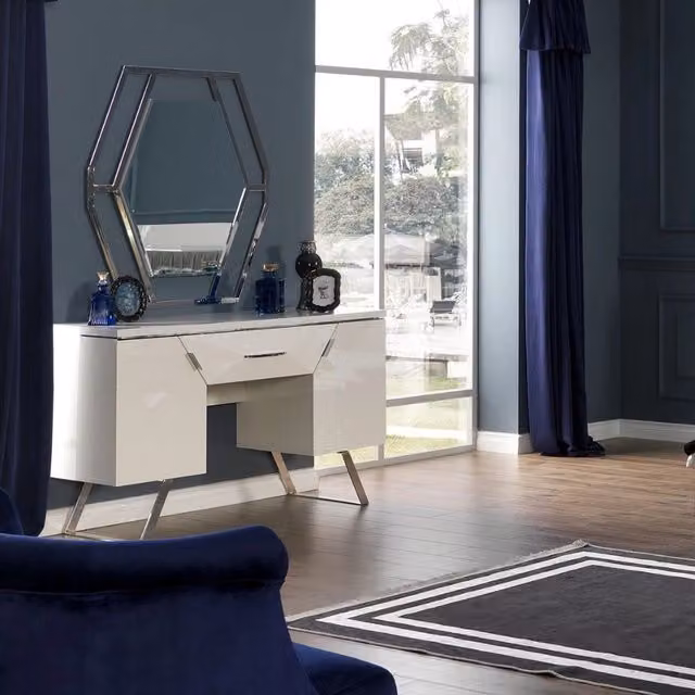Set camera da letto moderna Rams bianco lucido con armadio, letto con contenitore a sollevamento, comò, comodino e specchio