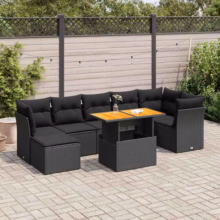 Set di divani da giardino vidaXL in polyrattan nero con cuscini 8 pz con tavolino e pouf per esterno